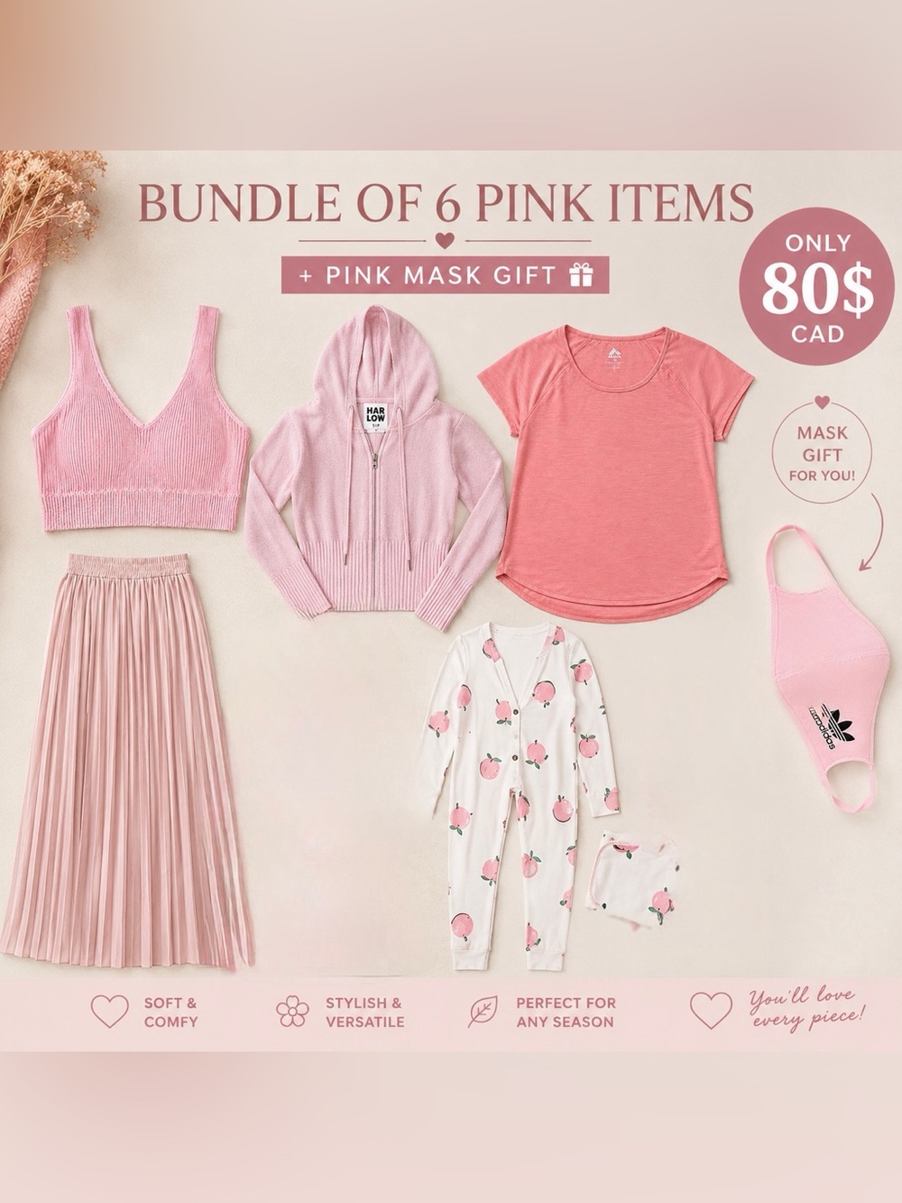 6-Piece Women's Pink Clothes Bundle/Pink Mask 🎁 GIFTS